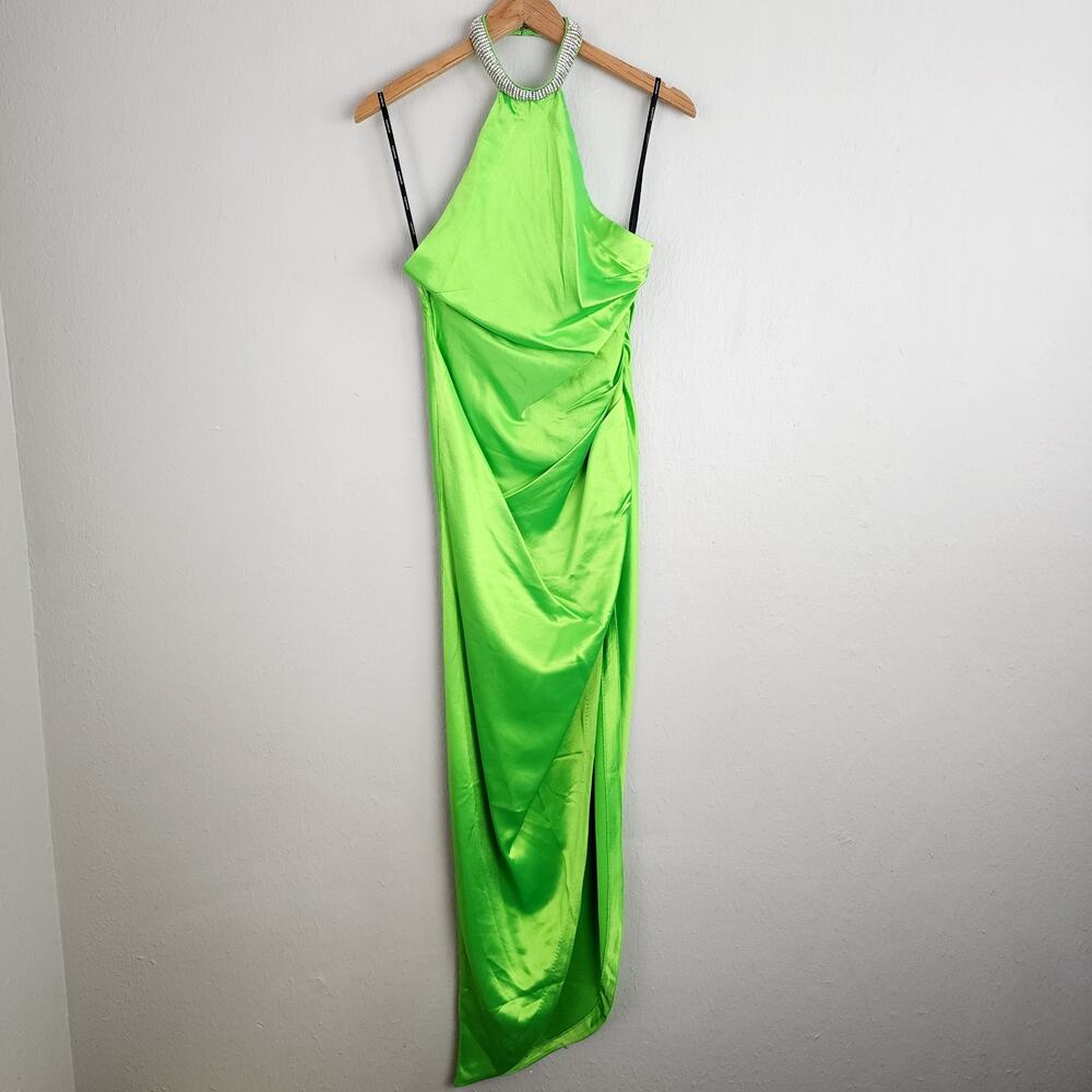 Retrofête Maria Halter Gown Lime Punch Neon Green Rhinestone Neck Maxi NWT - Picture 5 of 16